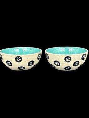 Whisker City Ivory Aqua "Paw" Ceramic 8 OZ Cat Food Water Bowls Set of 2